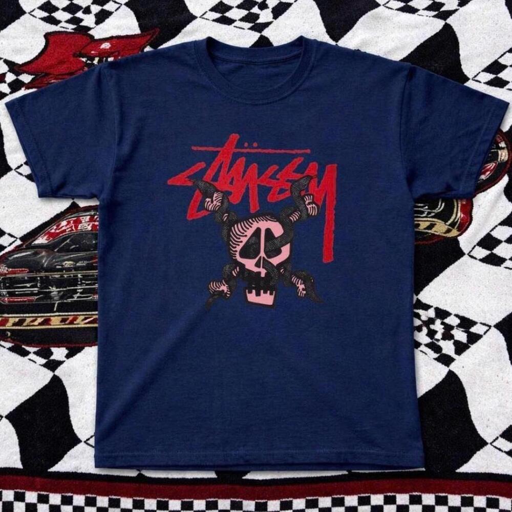 Gildan Men Navy T-Shirt, Stussy Navy Blue Skull T-Shirt